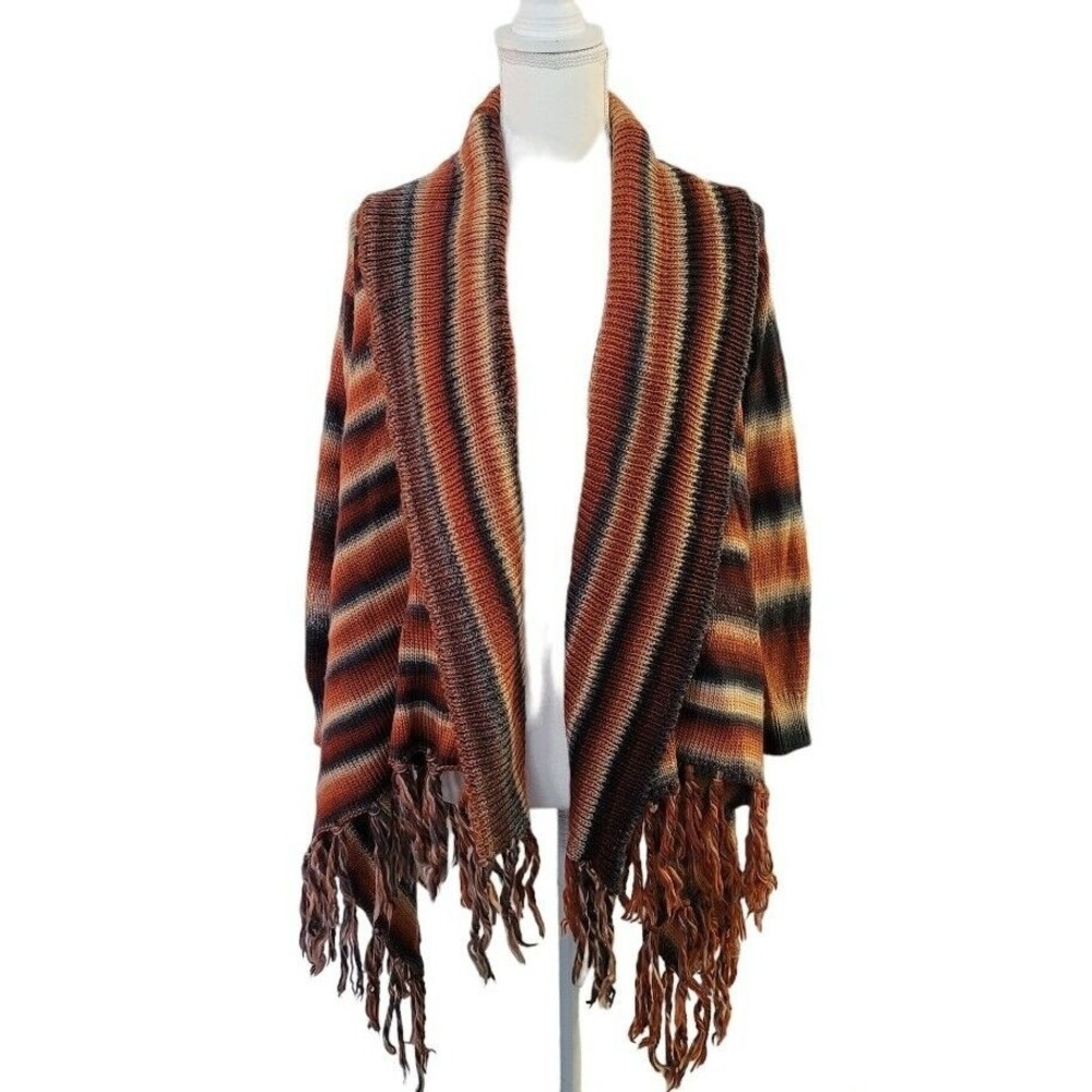 Earthbound Trading Co Womens Medium Multi-Color Striped Open Cardigan w/ Fringe